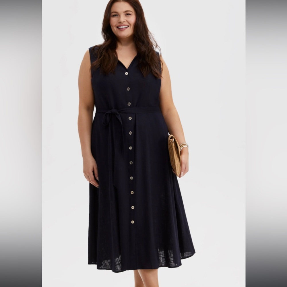 US18 Navy Linen-Blend Midi Dress, Plus Size